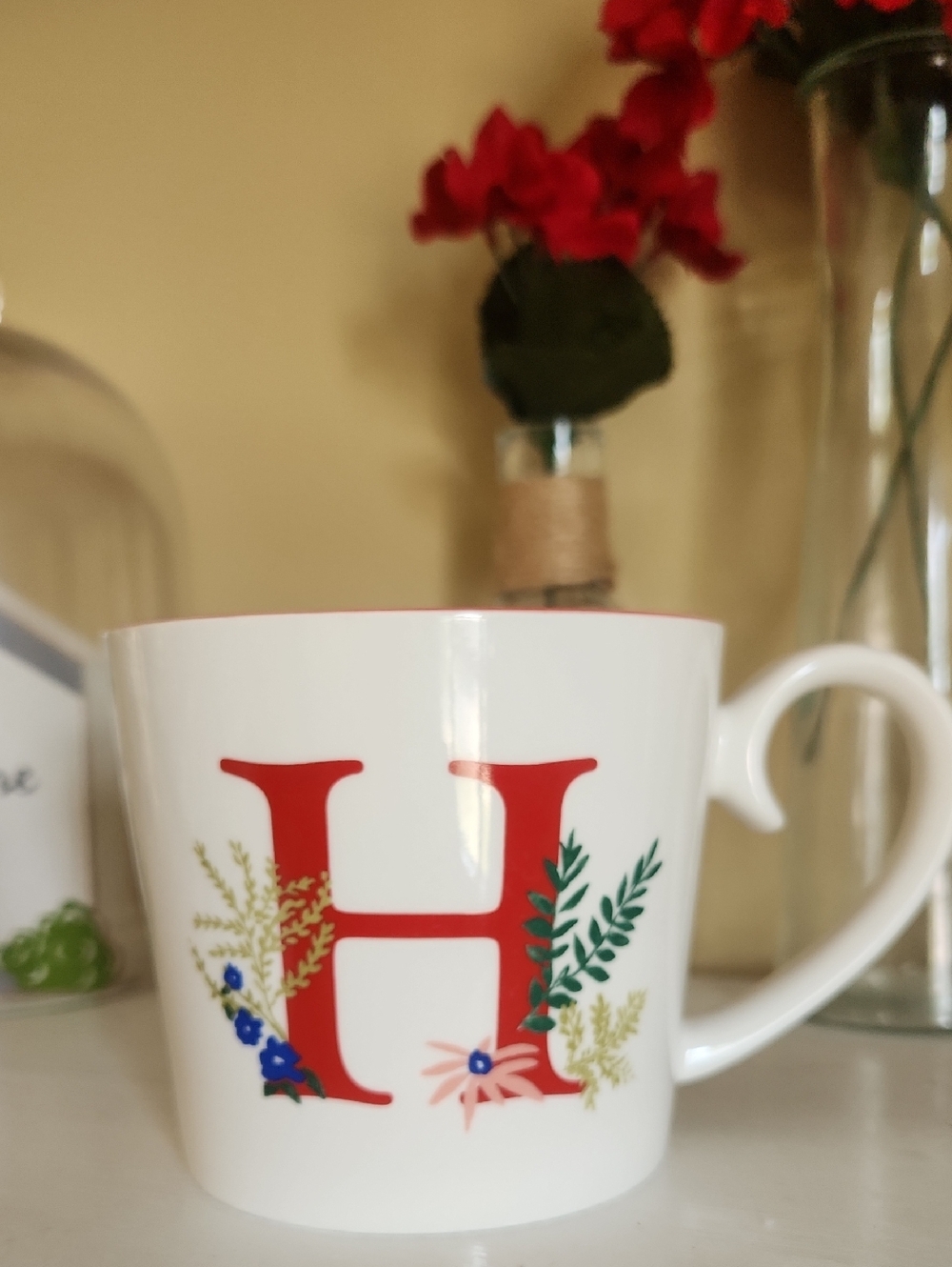 Opalhouse White Mug with Red H Monogram and Floral Accents